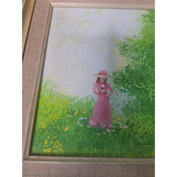 VTG Oil Painting Woman in Pink Dress in Garden Scene Signed Jennifer West 13x15 - Picture 9 of 16